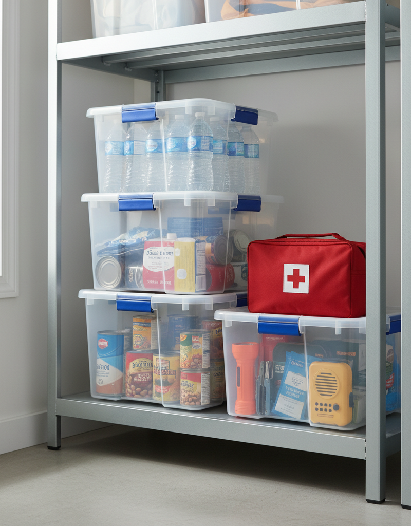 A clear bin filled with emergency supplies: bottled water, canned food, first aid kit, flashlight, and NOAA radio.
