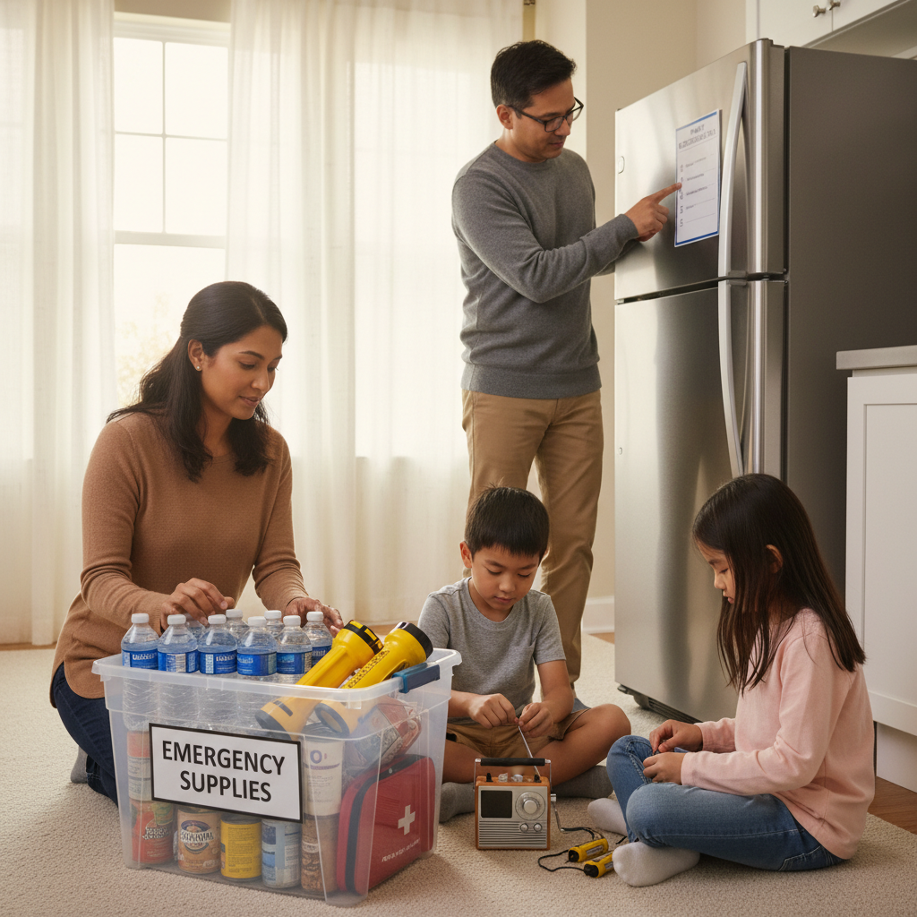 Family preparing for hurricane, sorting emergency kit with water, food, and flashlights.
