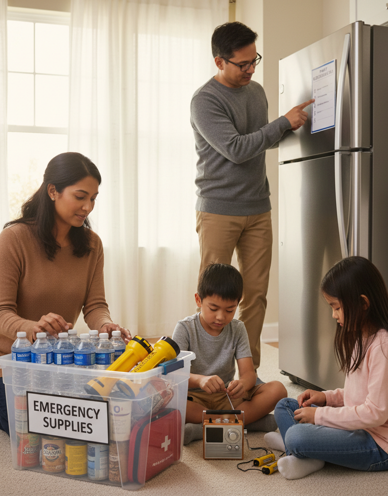 Family preparing for hurricane, sorting emergency kit with water, food, and flashlights.