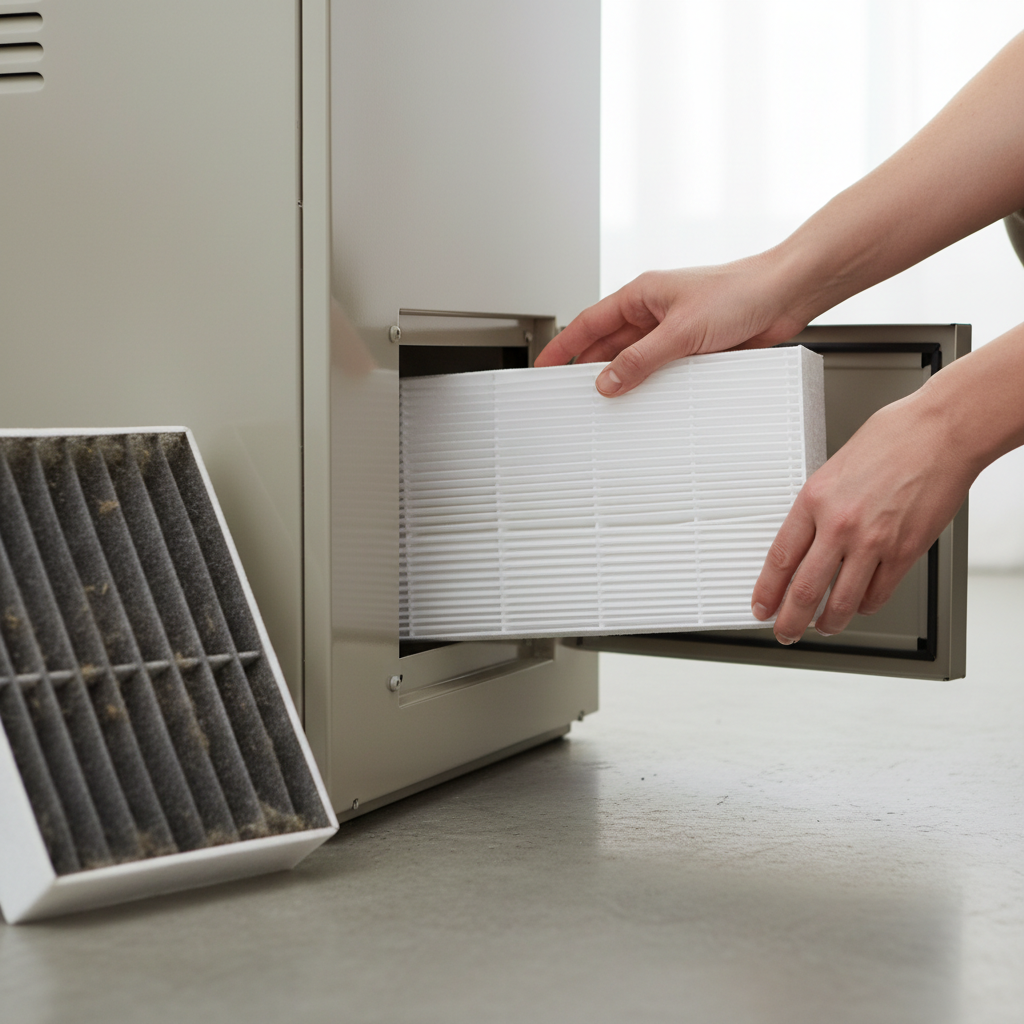 Homeowner replacing a dirty HVAC air filter with a clean one in a furnace.