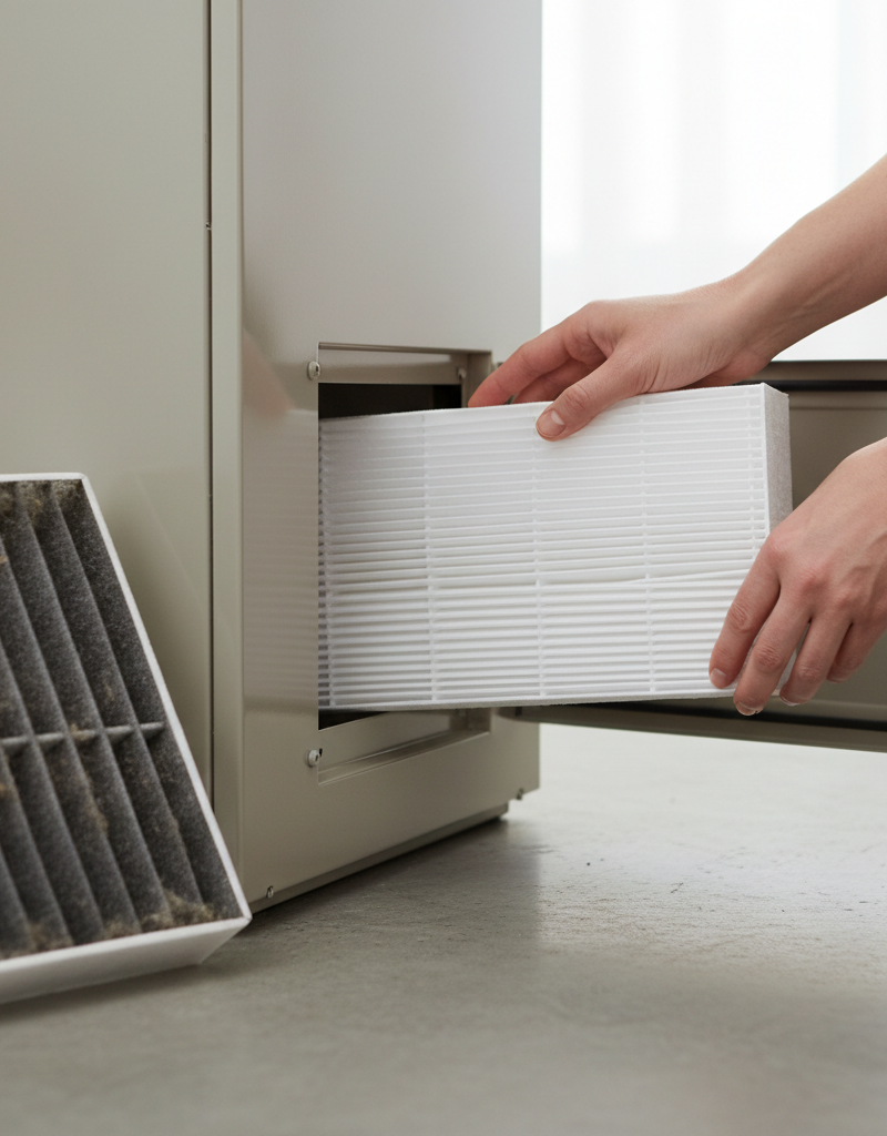 Homeowner replacing a dirty HVAC air filter with a clean one in a furnace.