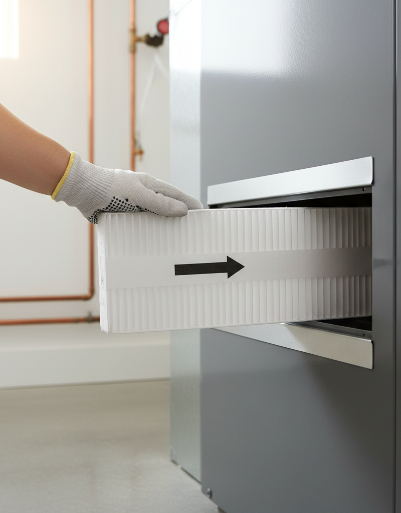 Homeowner installing a fresh HVAC air filter into a furnace, showing the airflow direction arrow.