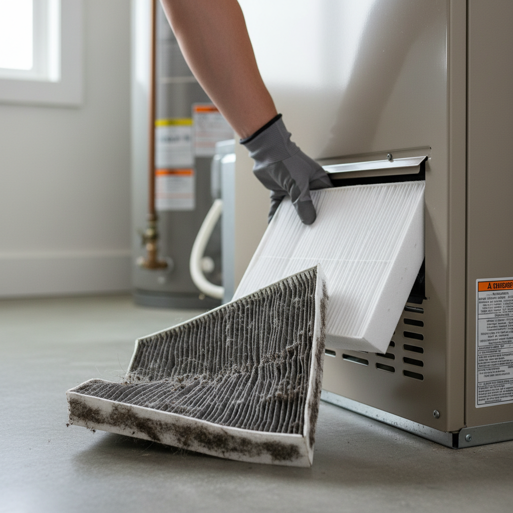 Homeowner installing a clean HVAC air filter next to a visibly dirty, old filter.