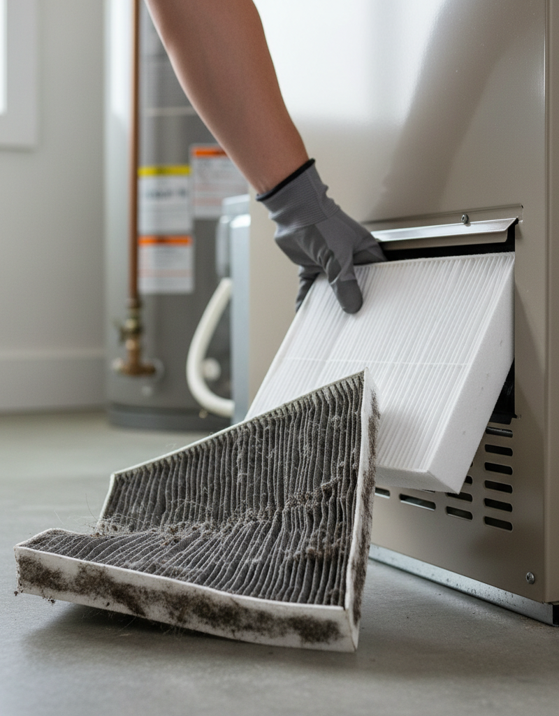 Homeowner installing a clean HVAC air filter next to a visibly dirty, old filter.