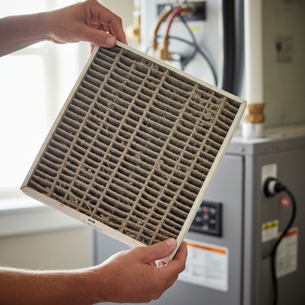 Homeowner holding a dirty HVAC air filter up to the light for inspection