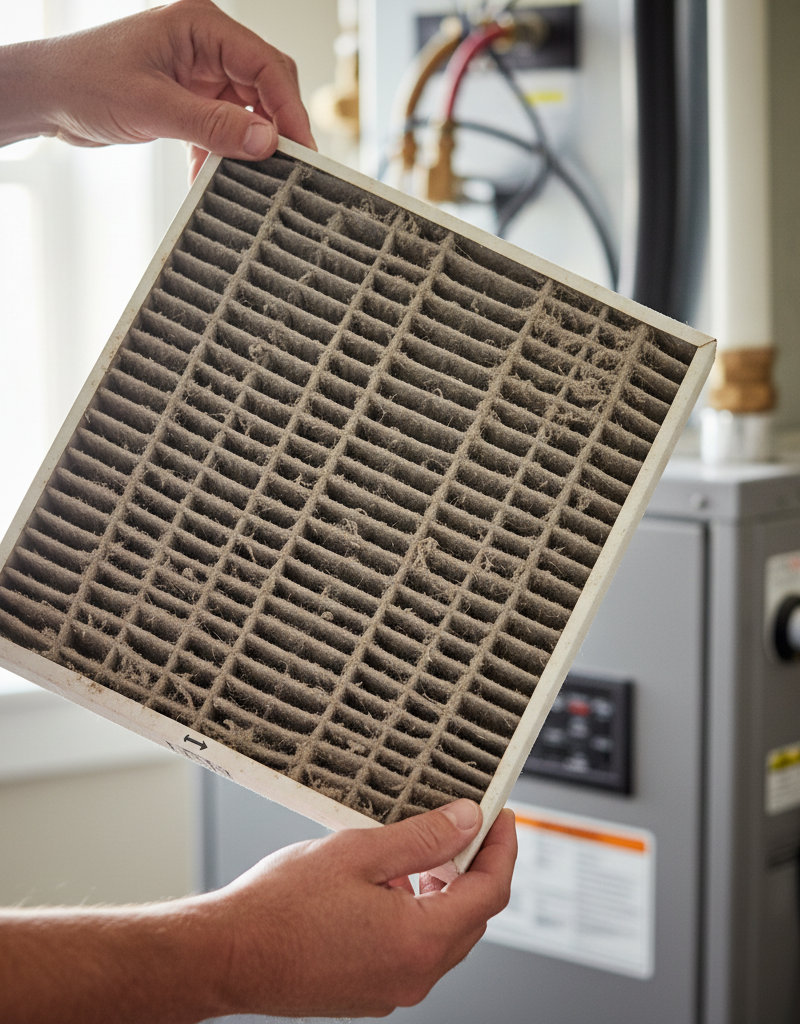 Homeowner holding a dirty HVAC air filter up to the light for inspection