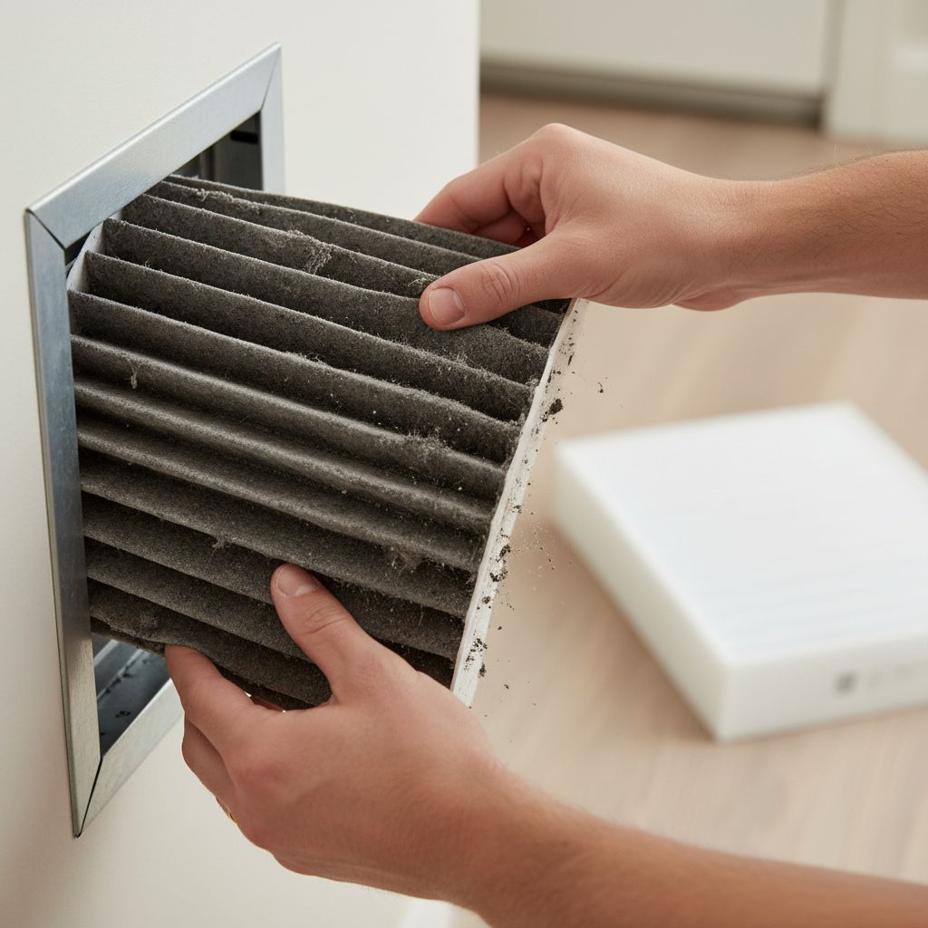 Homeowner removing a dirty HVAC air filter, contrasting it with a clean new filter.