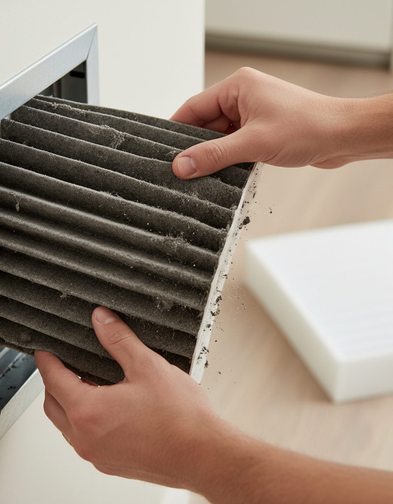 Homeowner removing a dirty HVAC air filter, contrasting it with a clean new filter.