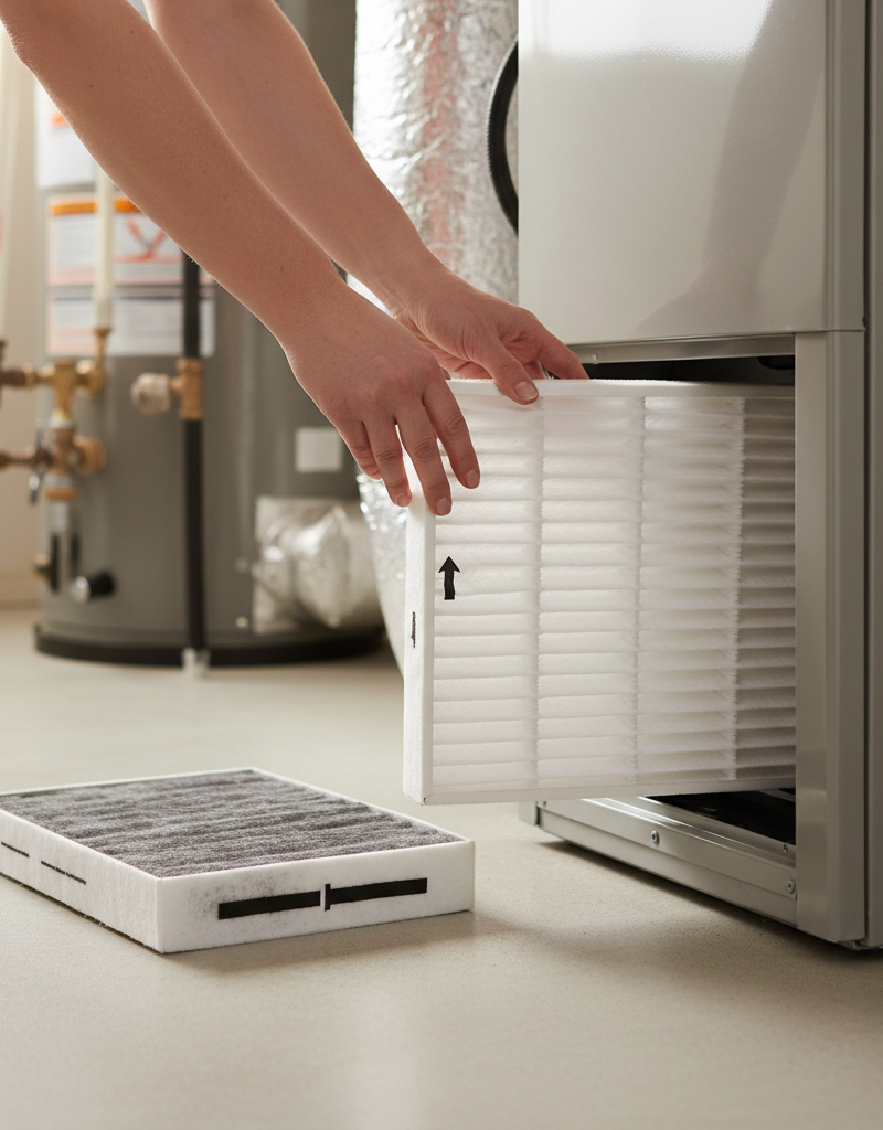 Homeowner installing a new HVAC air filter into a furnace, pointing the arrow correctly.
