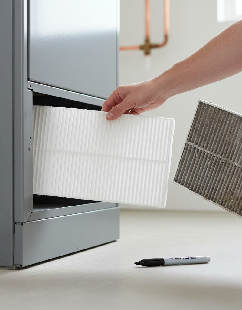 Homeowner changing a dirty HVAC filter with a clean new one