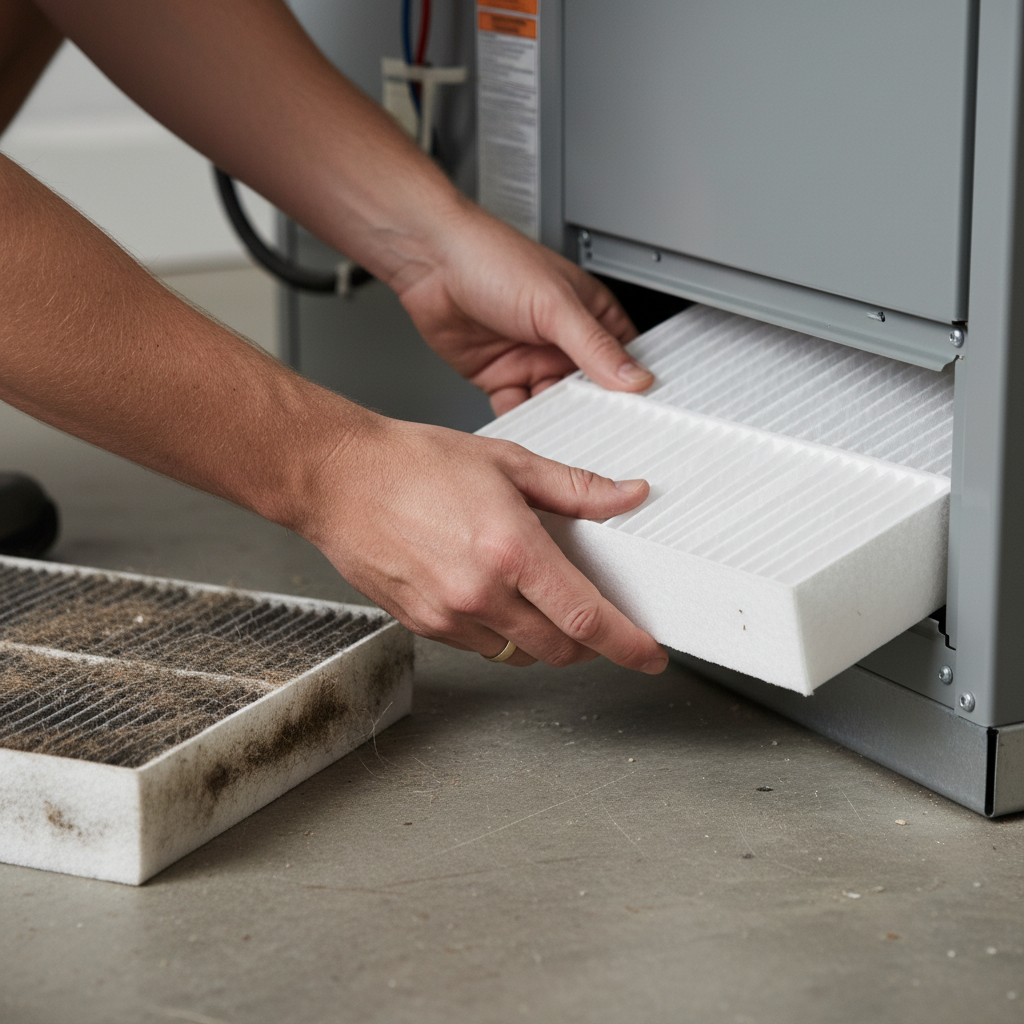 Homeowner installing a new pleated HVAC filter into a furnace