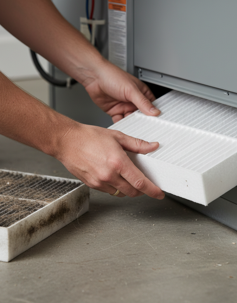 Homeowner installing a new pleated HVAC filter into a furnace