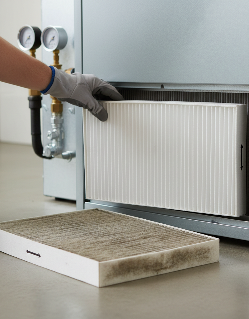 Homeowner replacing a dirty HVAC air filter with a clean one in a furnace