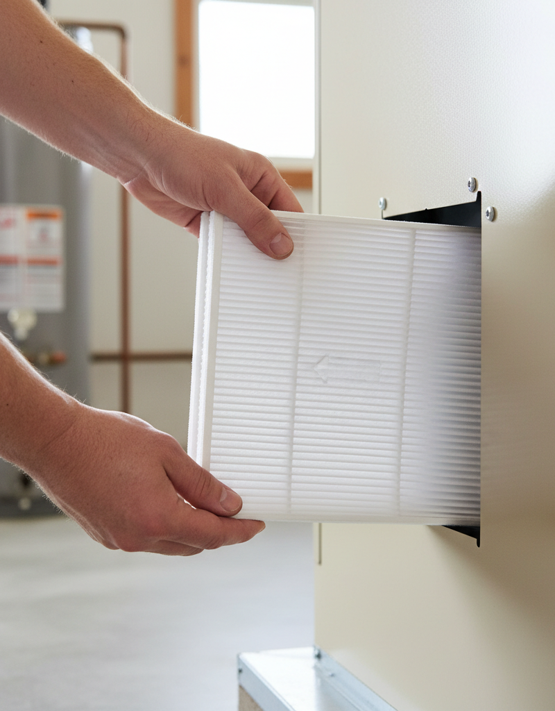 A homeowner's hands installing a new, pleated HVAC air filter into a furnace unit.