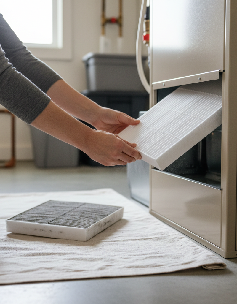 Homeowner installing a new pleated HVAC air filter into a furnace unit, showing the correct airflow direction