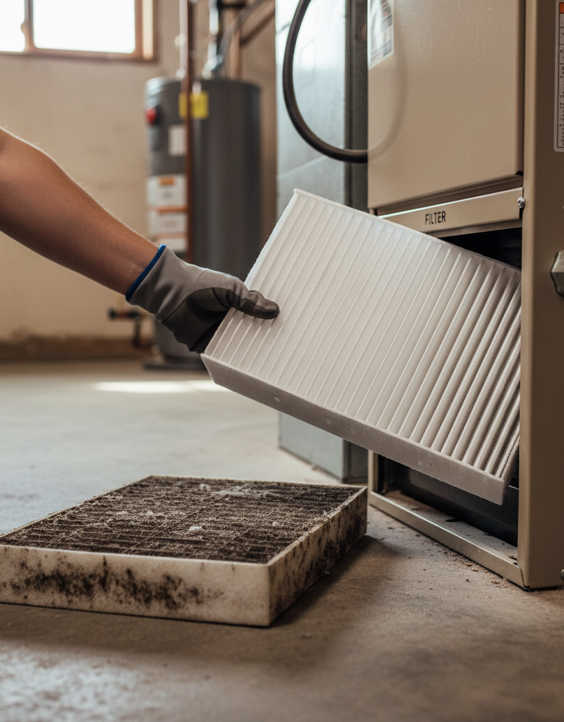 Homeowner installing a new, clean HVAC filter into a furnace next to a very dirty, old filter.
