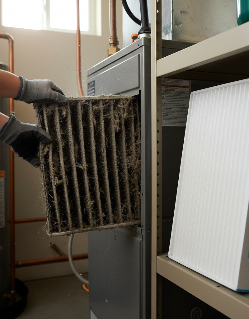 Homeowner removing a very dirty HVAC filter from a furnace
