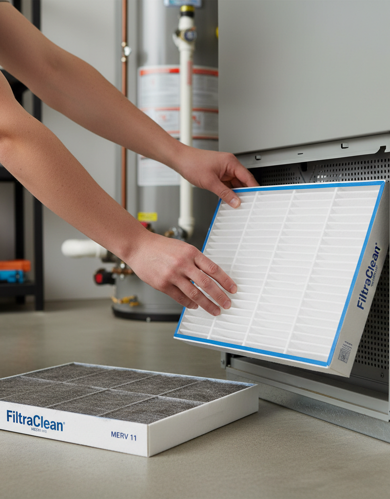 Homeowner replacing a dirty HVAC air filter with a new clean one in a furnace.
