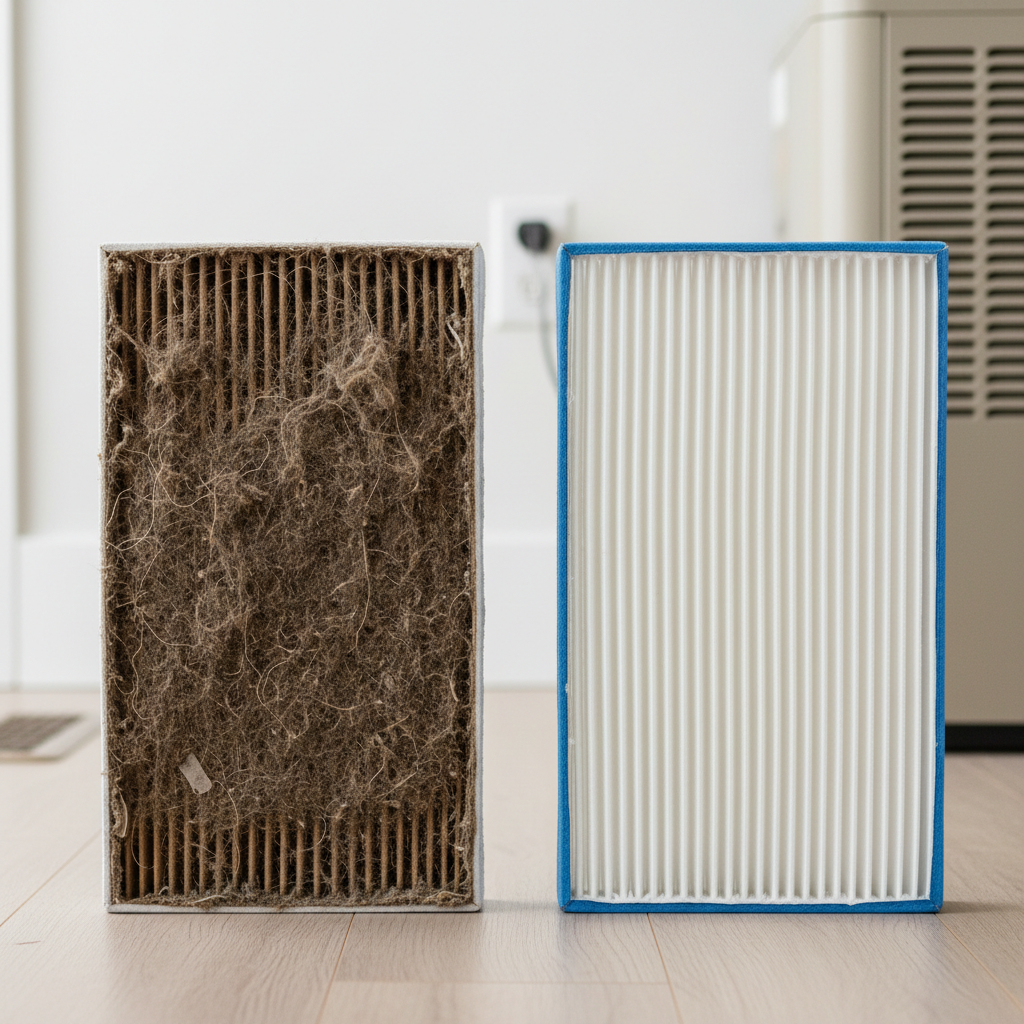 A visibly dirty HVAC air filter side-by-side with a sparkling clean, new filter, illustrating the contrast.