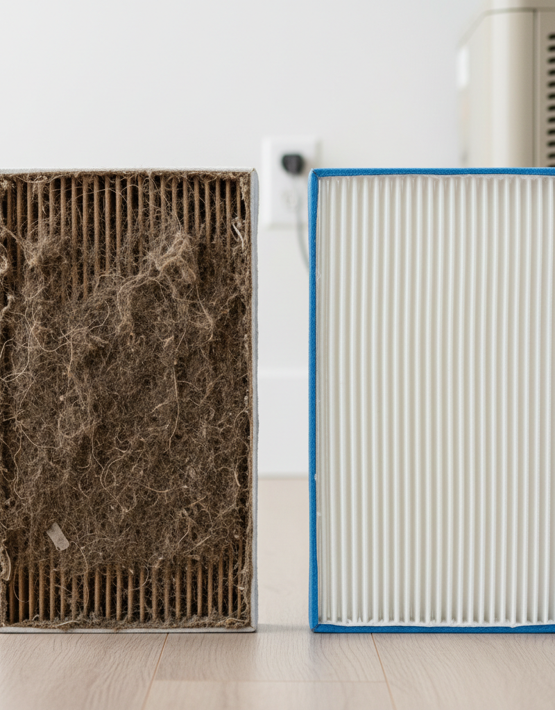 A visibly dirty HVAC air filter side-by-side with a sparkling clean, new filter, illustrating the contrast.