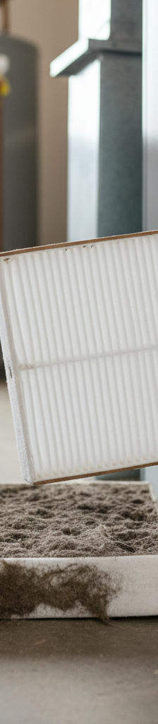 Homeowner sliding a clean, new HVAC air filter into a furnace slot, with a dirty, clogged old filter nearby.