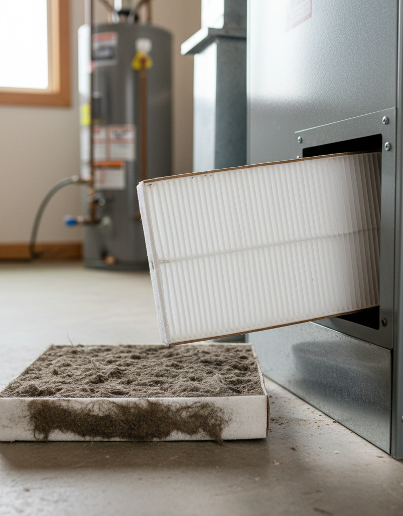 Homeowner sliding a clean, new HVAC air filter into a furnace slot, with a dirty, clogged old filter nearby.