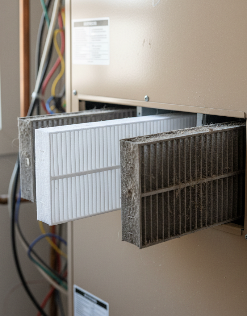 Homeowner sliding a clean HVAC air filter into a furnace, next to a dirty filter.