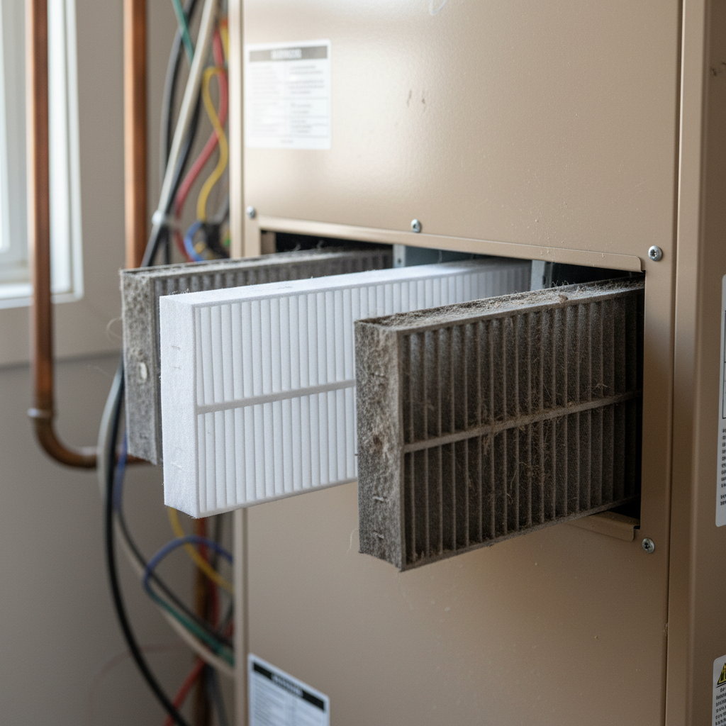 Homeowner sliding a clean HVAC air filter into a furnace, next to a dirty filter.