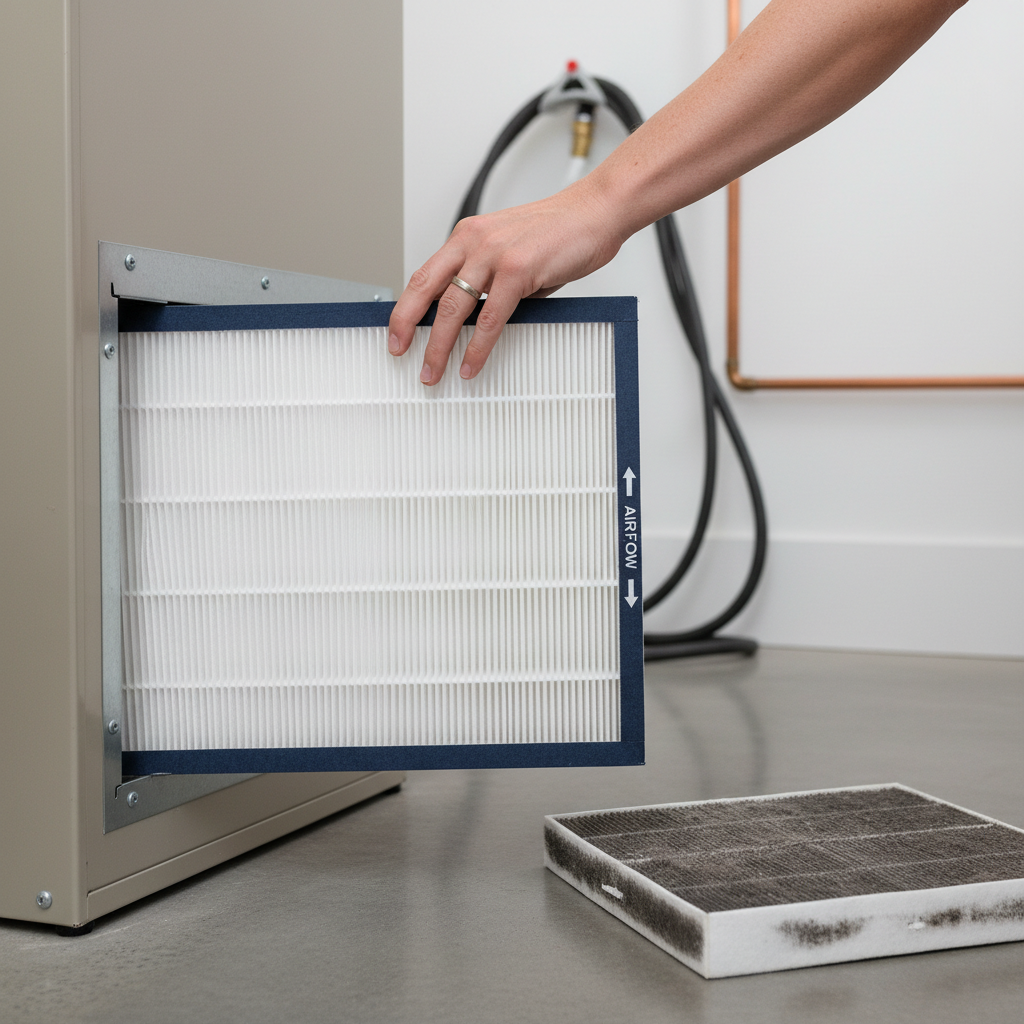 Homeowner replacing a dirty HVAC air filter with a clean one in a furnace