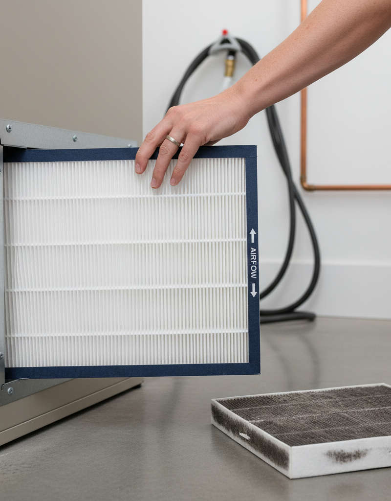 Homeowner replacing a dirty HVAC air filter with a clean one in a furnace