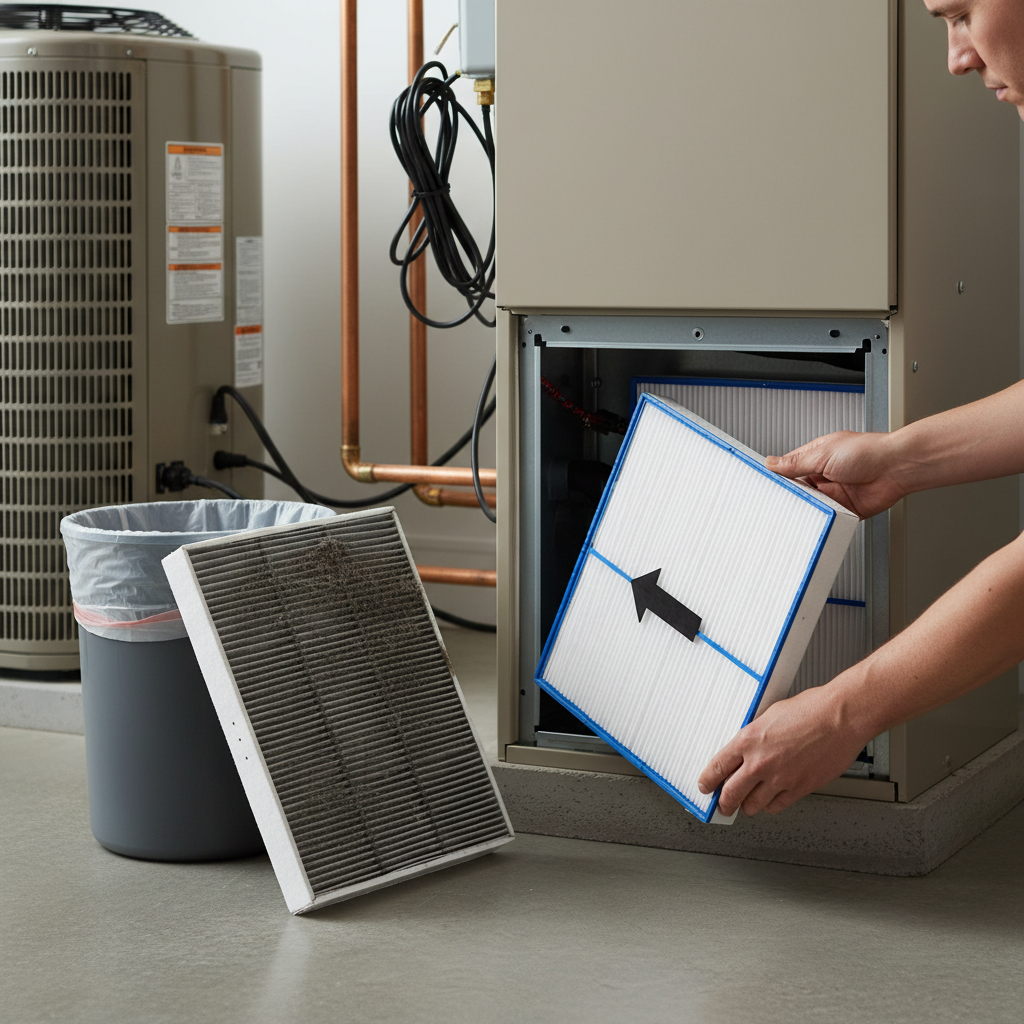 Homeowner installing a clean HVAC air filter with the airflow arrow pointing correctly into the furnace.