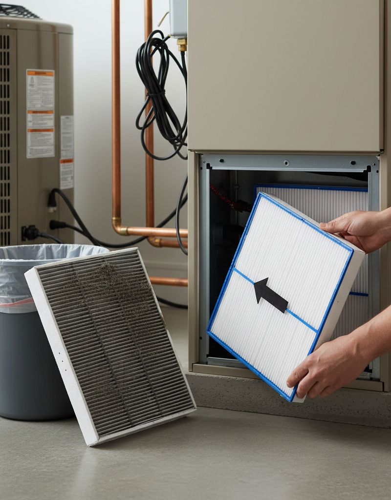 Homeowner installing a clean HVAC air filter with the airflow arrow pointing correctly into the furnace.
