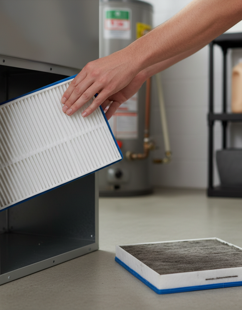 A homeowner replacing a dirty HVAC air filter with a clean one in a furnace.