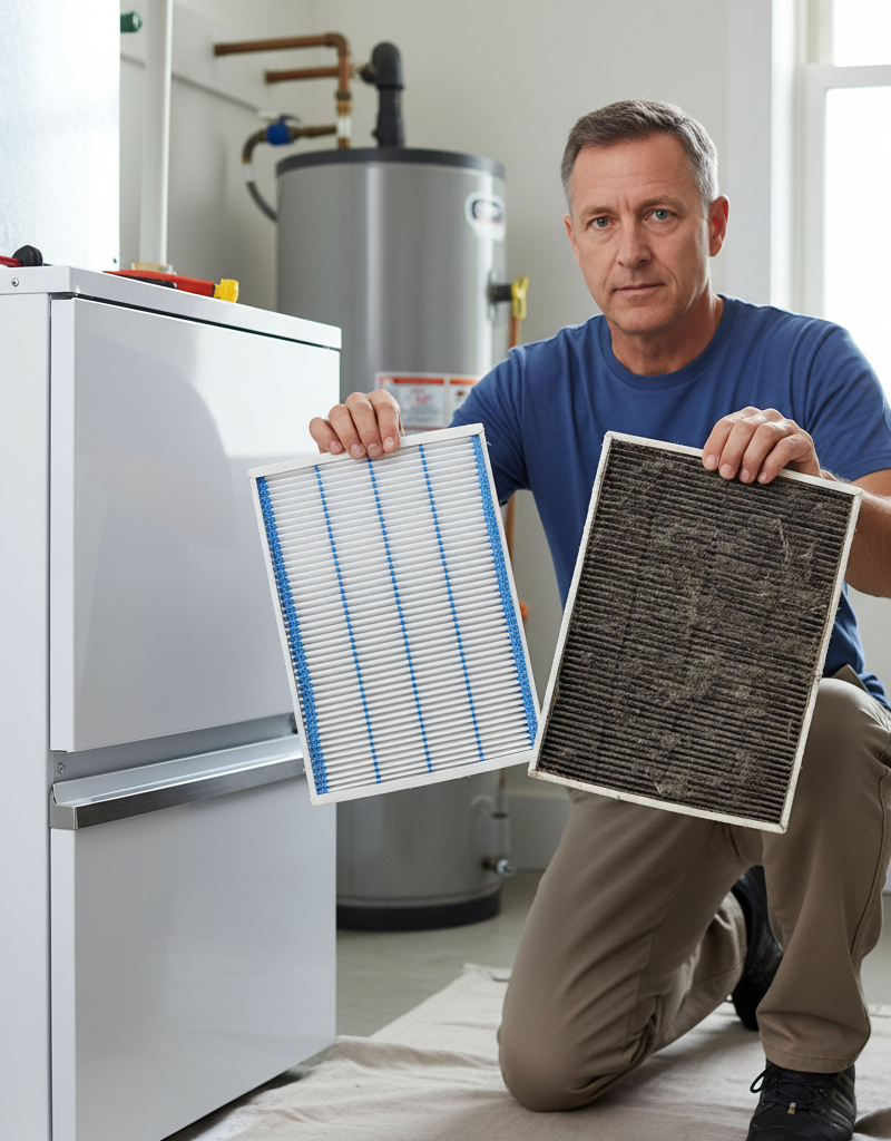 Homeowner comparing a clean new HVAC filter with a dirty, clogged old filter in front of a furnace.