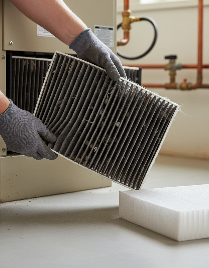 Hands pulling a filthy HVAC air filter from a furnace next to a clean new filter.