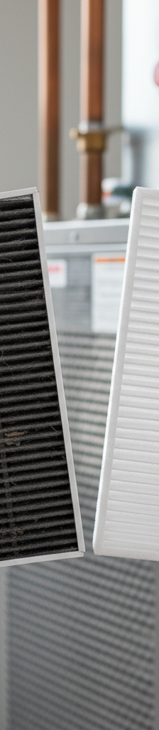 Homeowner comparing a clogged, dirty HVAC air filter with a clean, new filter near a furnace.