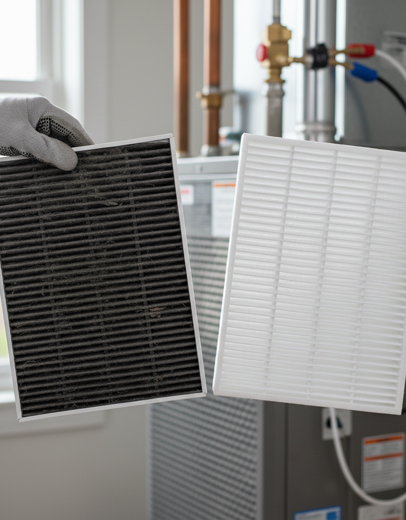 Homeowner comparing a clogged, dirty HVAC air filter with a clean, new filter near a furnace.