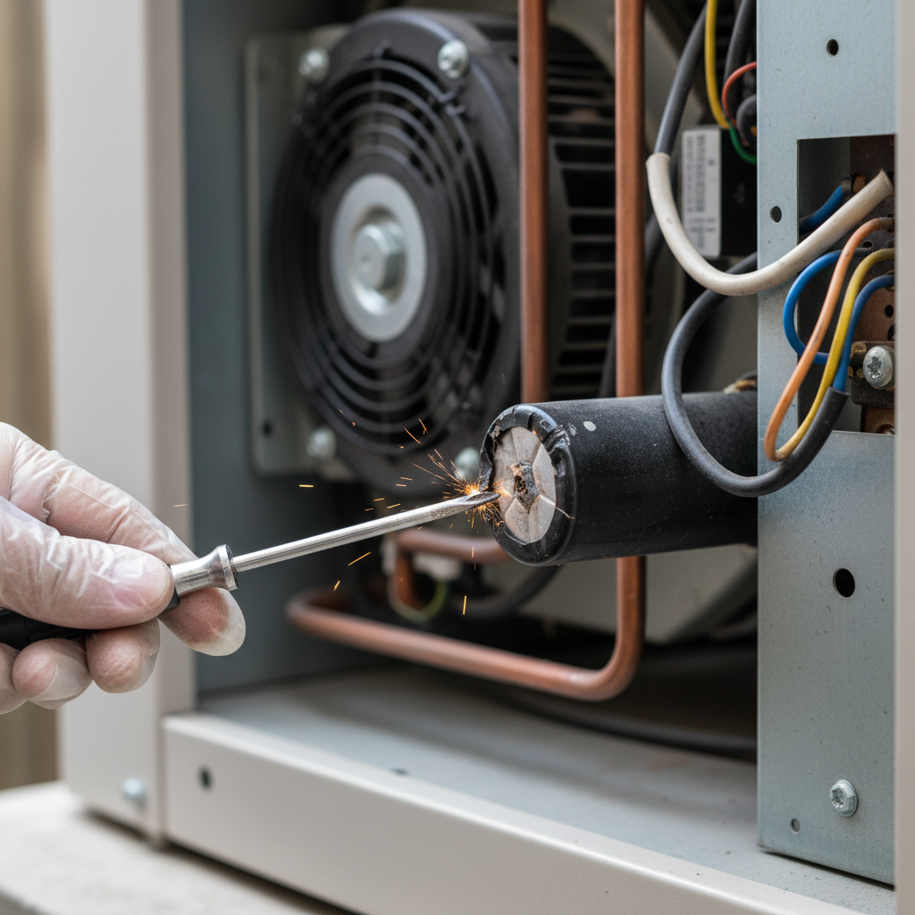 A gloved hand uses an insulated screwdriver to discharge a swollen capacitor inside an open outdoor HVAC unit, illustrating a common repair.