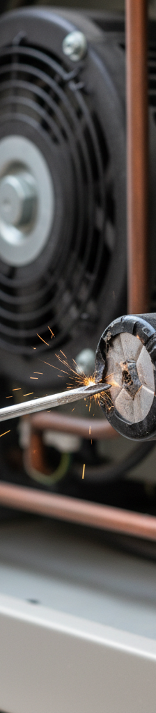 A gloved hand uses an insulated screwdriver to discharge a swollen capacitor inside an open outdoor HVAC unit, illustrating a common repair.