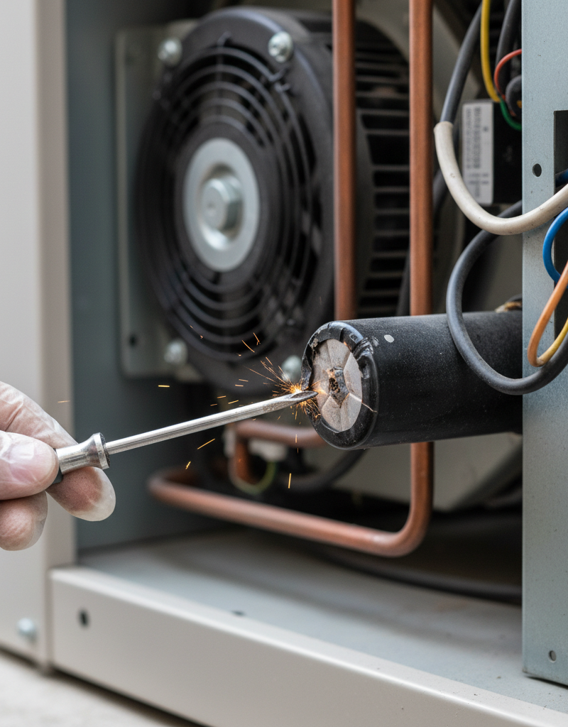 A gloved hand uses an insulated screwdriver to discharge a swollen capacitor inside an open outdoor HVAC unit, illustrating a common repair.
