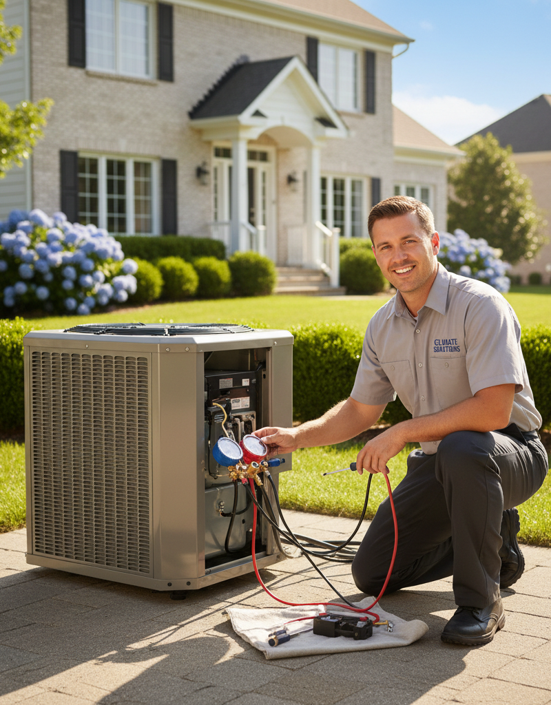 HVAC technician performing annual service on an outdoor air conditioning unit