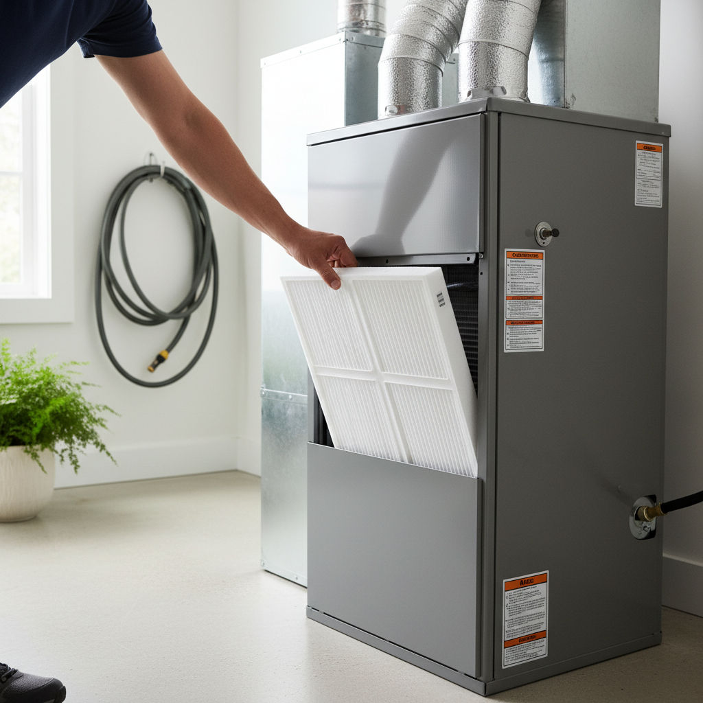 Homeowner replacing a dirty HVAC air filter, showing a clean air handler