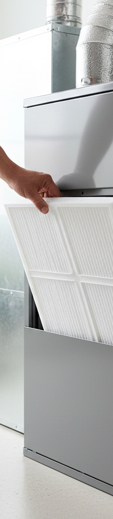 Homeowner replacing a dirty HVAC air filter, showing a clean air handler