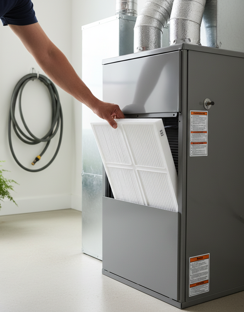 Homeowner replacing a dirty HVAC air filter, showing a clean air handler