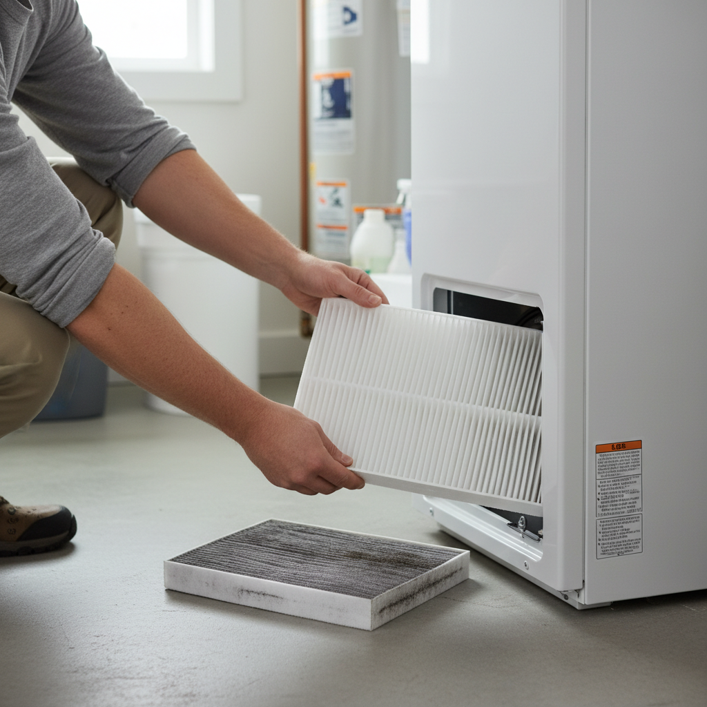 Homeowner replacing a dirty HVAC air filter with a new, clean filter, emphasizing preventative maintenance.