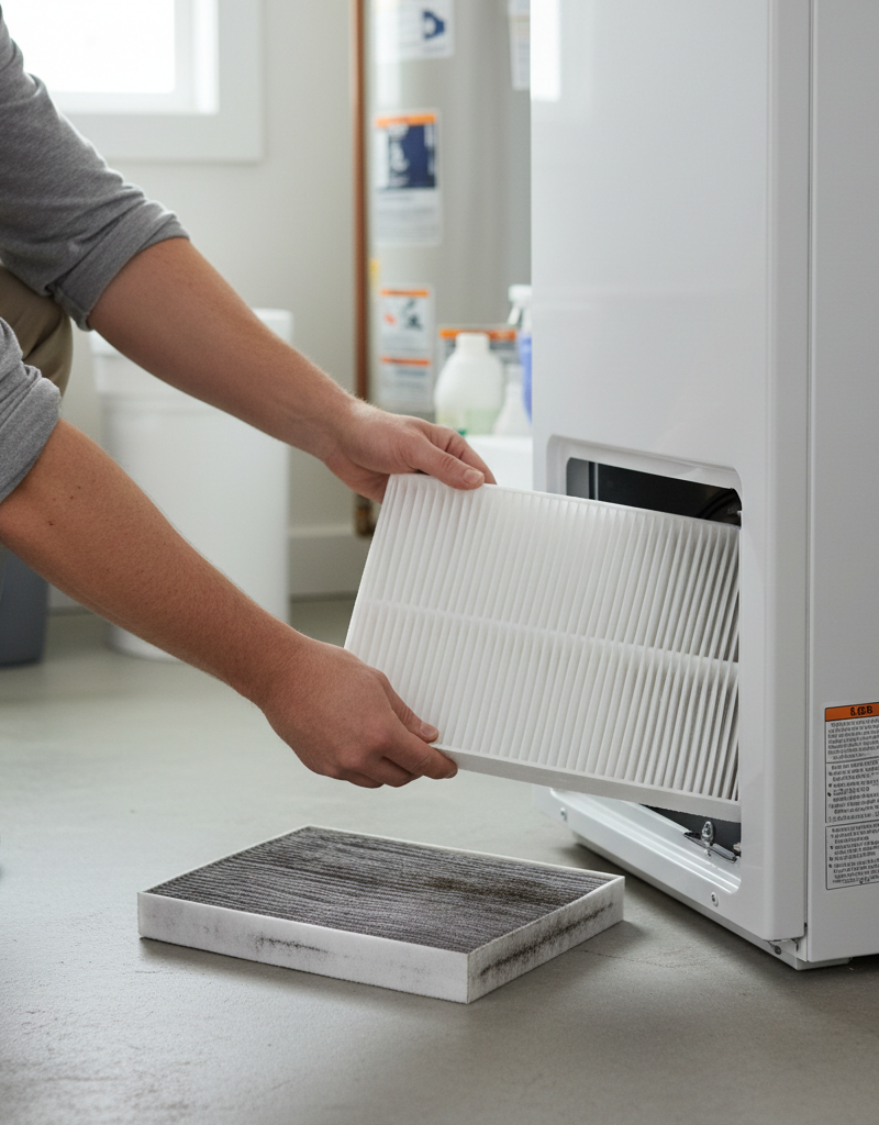 Homeowner replacing a dirty HVAC air filter with a new, clean filter, emphasizing preventative maintenance.