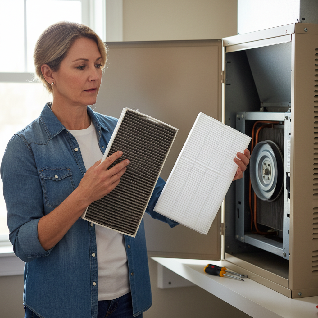 Homeowner inspecting and replacing a dirty HVAC air filter with a clean one.