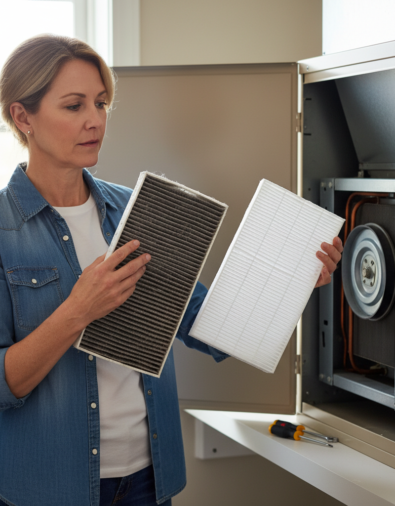 Homeowner inspecting and replacing a dirty HVAC air filter with a clean one.