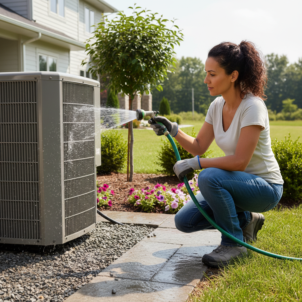 Homeowner cleaning the outdoor condenser coils of an HVAC unit with a garden hose.
