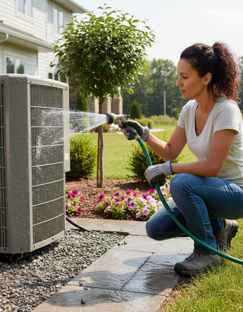 Homeowner cleaning the outdoor condenser coils of an HVAC unit with a garden hose.